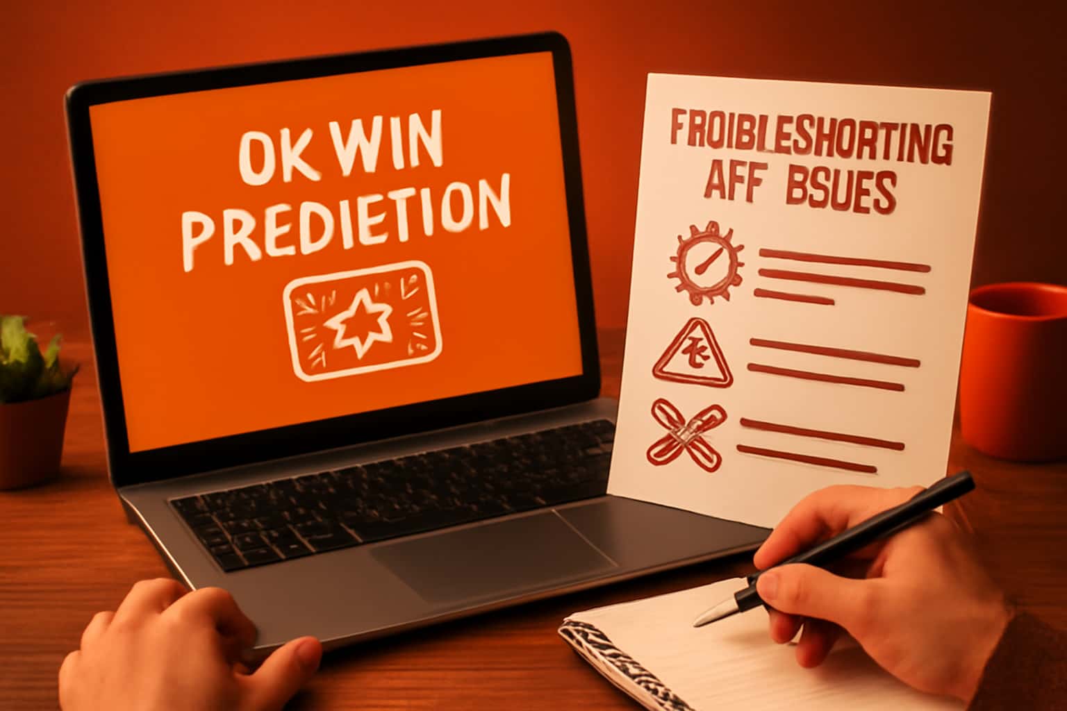 A visual representation of troubleshooting issues related to the Ok Win Prediction app, highlighting key topics in a clean aesthetic.